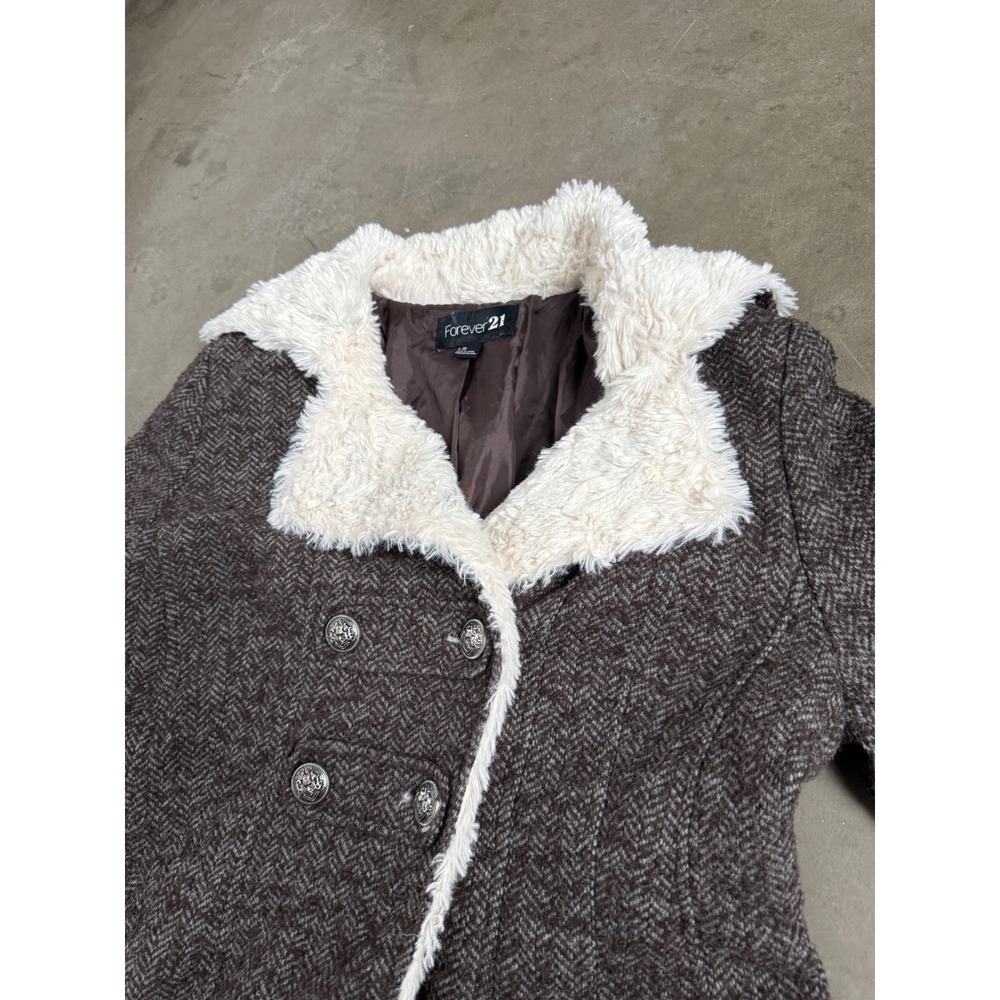 Y2K Forever 21 Brown Herringbone Double Breasted Faux Fur Trim Coat Womens Large - Picture 11 of 12